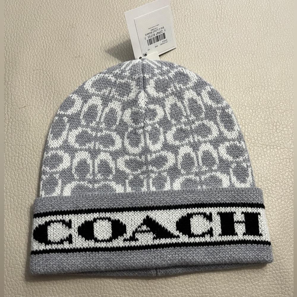 NWT - Coach Adult Signature Logo Knit Cuff Wool Blended Beanie